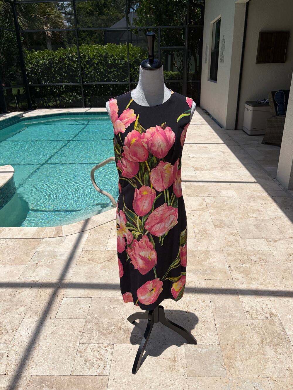 Dolce & Gabbana Black Pink Tulip Floral Silk Blend Shift Sheath Dress Luxury